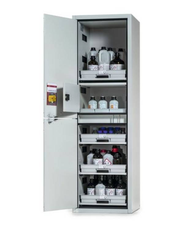 asecos Säuren- und Laugenschrank SL-Plus, mit 4 Tablarauszügen, 1 Flusssäurefach, Tür links