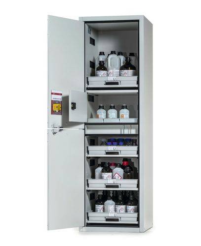 asecos Säuren- und Laugenschrank SL-Plus, mit 4 Tablarauszügen, 1 Flusssäurefach, Tür links-0