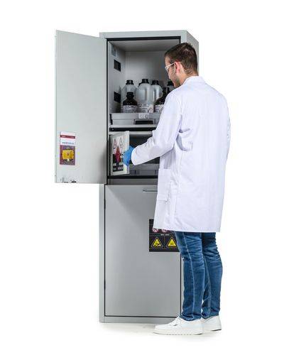 asecos Säuren- und Laugenschrank SL-Plus, mit 4 Tablarauszügen, 1 Flusssäurefach, Tür links-1