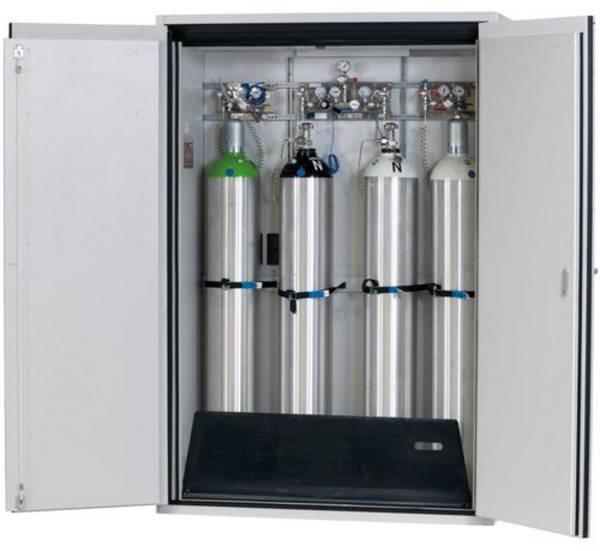 asecos Gasflaschenschrank feuerbeständig G90, 4 x 50 l Flaschen, B 1400 mm, 2-flügelige Tür, grau
