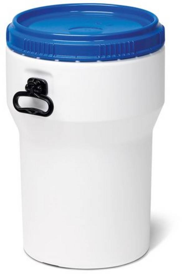 Weithalsfass, aus Kunststoff, 40 l, weiß / blau, nestbar, mit UN-Zulassung, mit Deckel