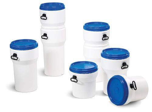 Weithalsfass, aus Kunststoff, 40 l, weiß / blau, nestbar, mit UN-Zulassung, mit Deckel-1