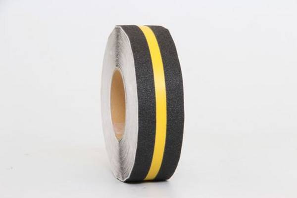 m2-Antirutschbelag™, Multifunktionsbelag, schwarz, Streifen gelb Rolle, 50 mm x 18,3 m