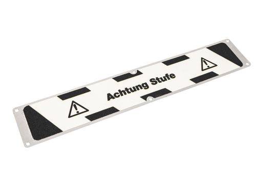 Aluminiumplatte mit m²-Antirutschbelag Nachleuchtend, R13, Achtung Stufe, 114 x 635 mm-1