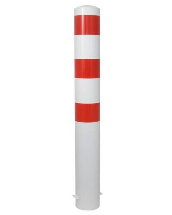 Absperrpfosten Stahl, vz., weiß beschichtet, 3 rote Streifen, dm 193, H 2000 mm, zum Einbetonieren