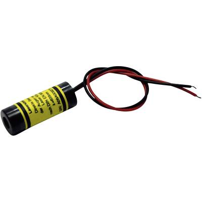 Ein zylindrischer Laser mit gelbem Etikett und rotem sowie schwarzem Kabel zum Anschluss.