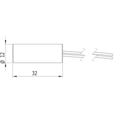 Technische Zeichnung eines zylindrischen Bauteils mit den Maßen 'Ø 12' und '32'. Zwei Kabel ragen aus der rechten Seite heraus.
