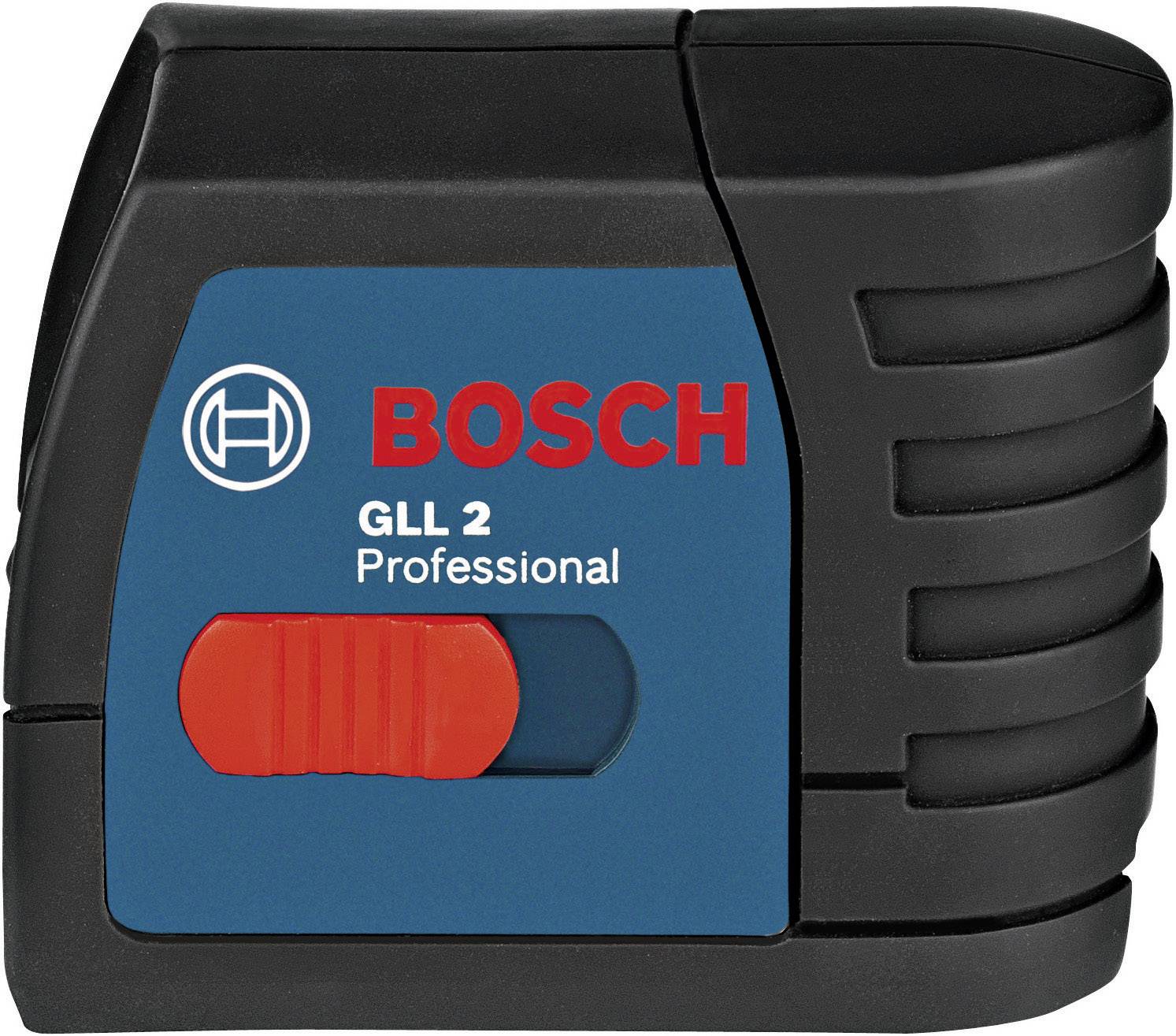 Bosch GLL 2 Professional Kreuzlinienlaser in schwarzem und blauem Gehäuse mit rotem Schalter.