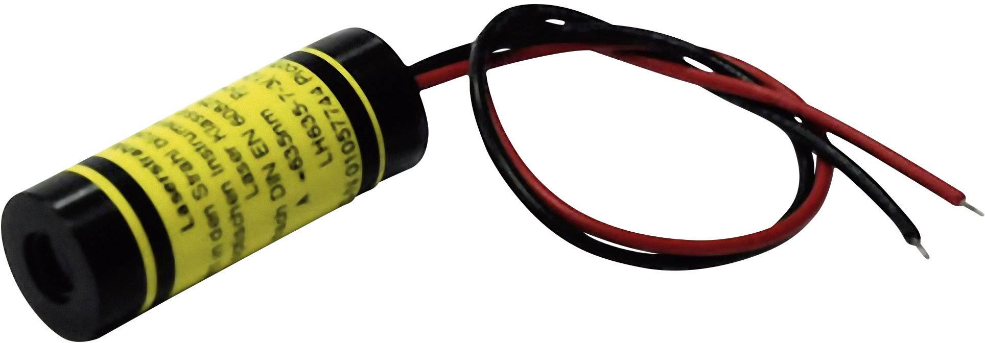 Ein kleiner roter und schwarzer Laserdiode-Modul mit gelbem Warnaufkleber und zwei Kabeln zur Stromversorgung.