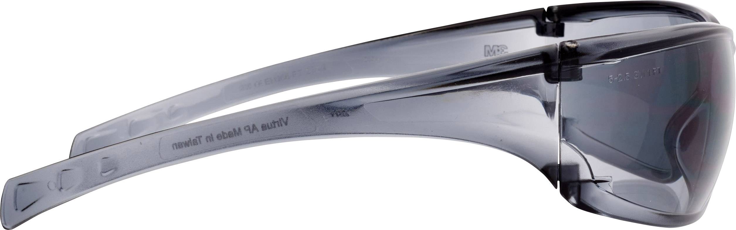 Graue Schutzbrille mit klaren Gläsern aus Kunststoff, seitlich gezeigt. Bietet Augenschutz und ist robust im Design.