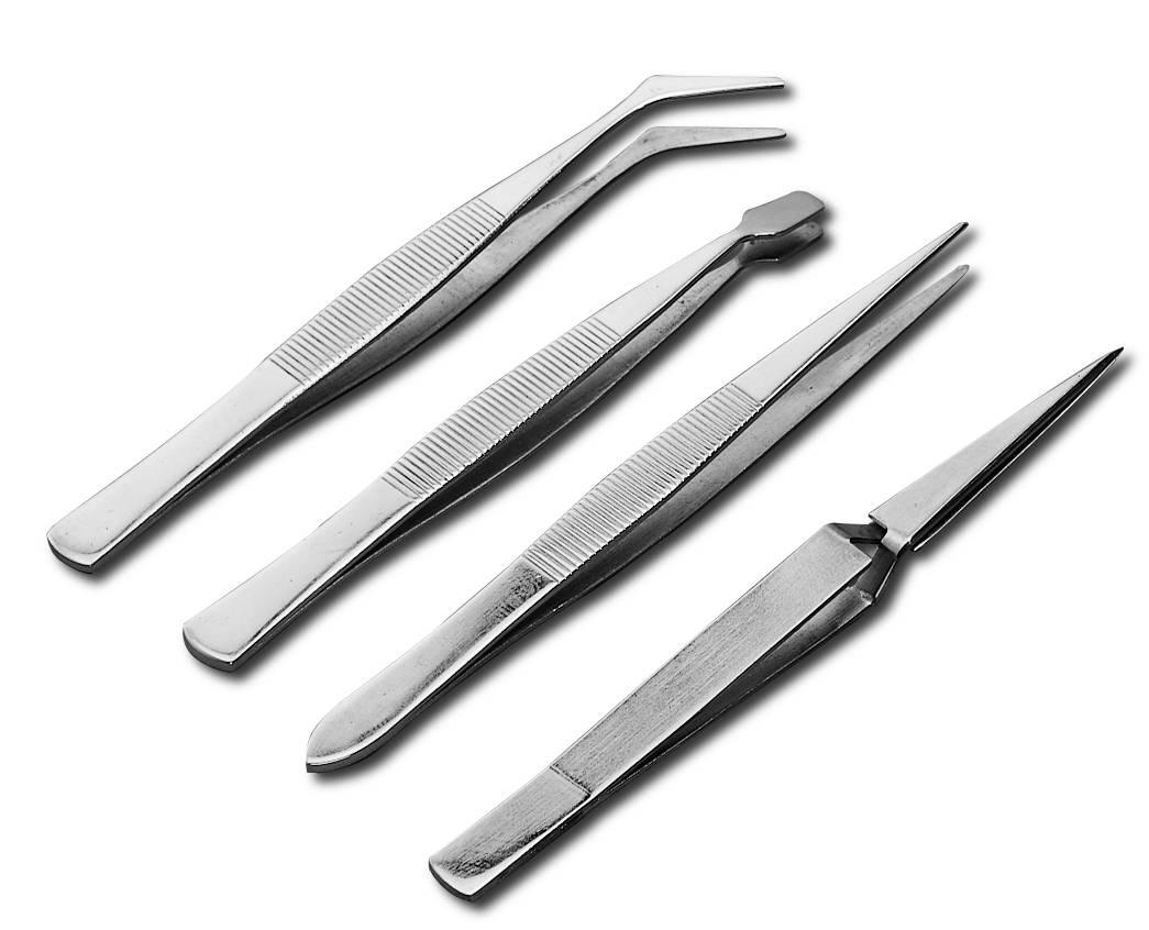 Vier chirurgische Pinzetten in verschiedenen Formen und Größen liegen nebeneinander auf einem weißen Hintergrund.