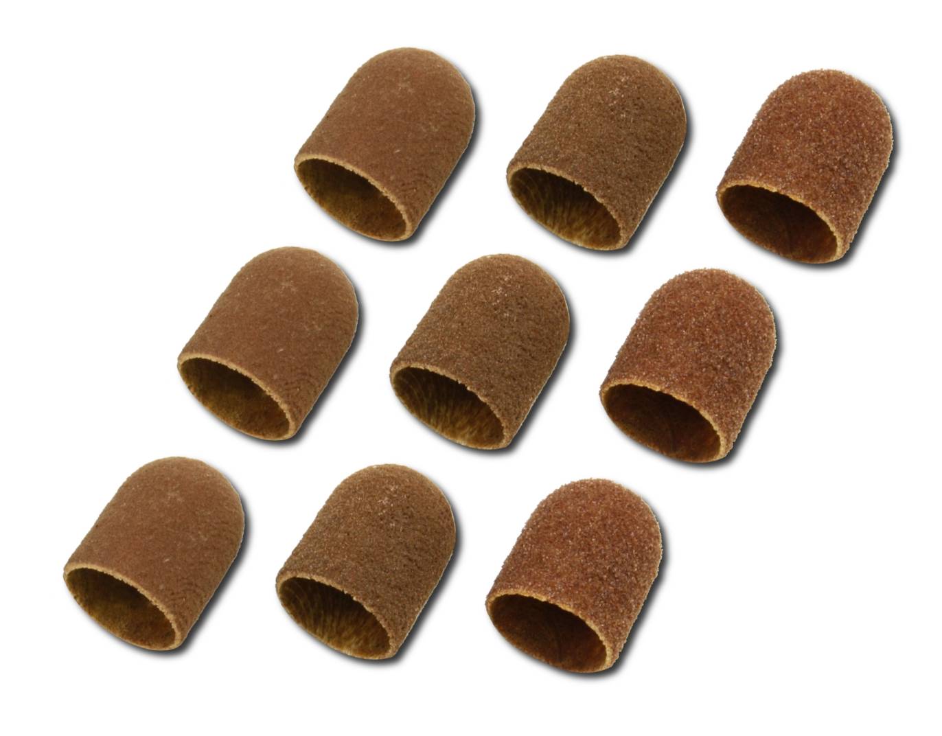 Neun braune Schleifkappen, gleichmäßig angeordnet, vor weißem Hintergrund. Geeignet für Schleifarbeiten in Handwerk und Industrie.