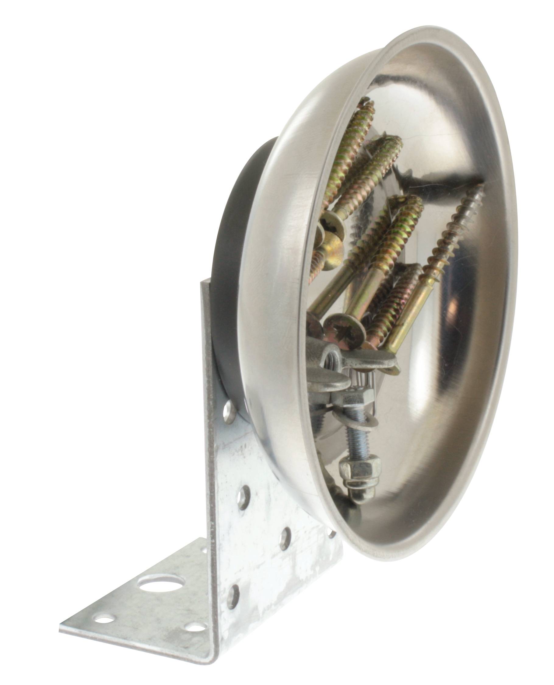 'Schrauben in einer Metallschale auf einem Metallwinkelhalter'