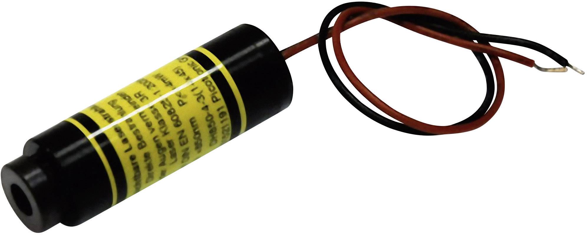 Ein zylindrisches Laser-Modul mit gelbem Warnetikett und zwei herausragenden Drähten, zur Verwendung in elektronischen Anwendungen.