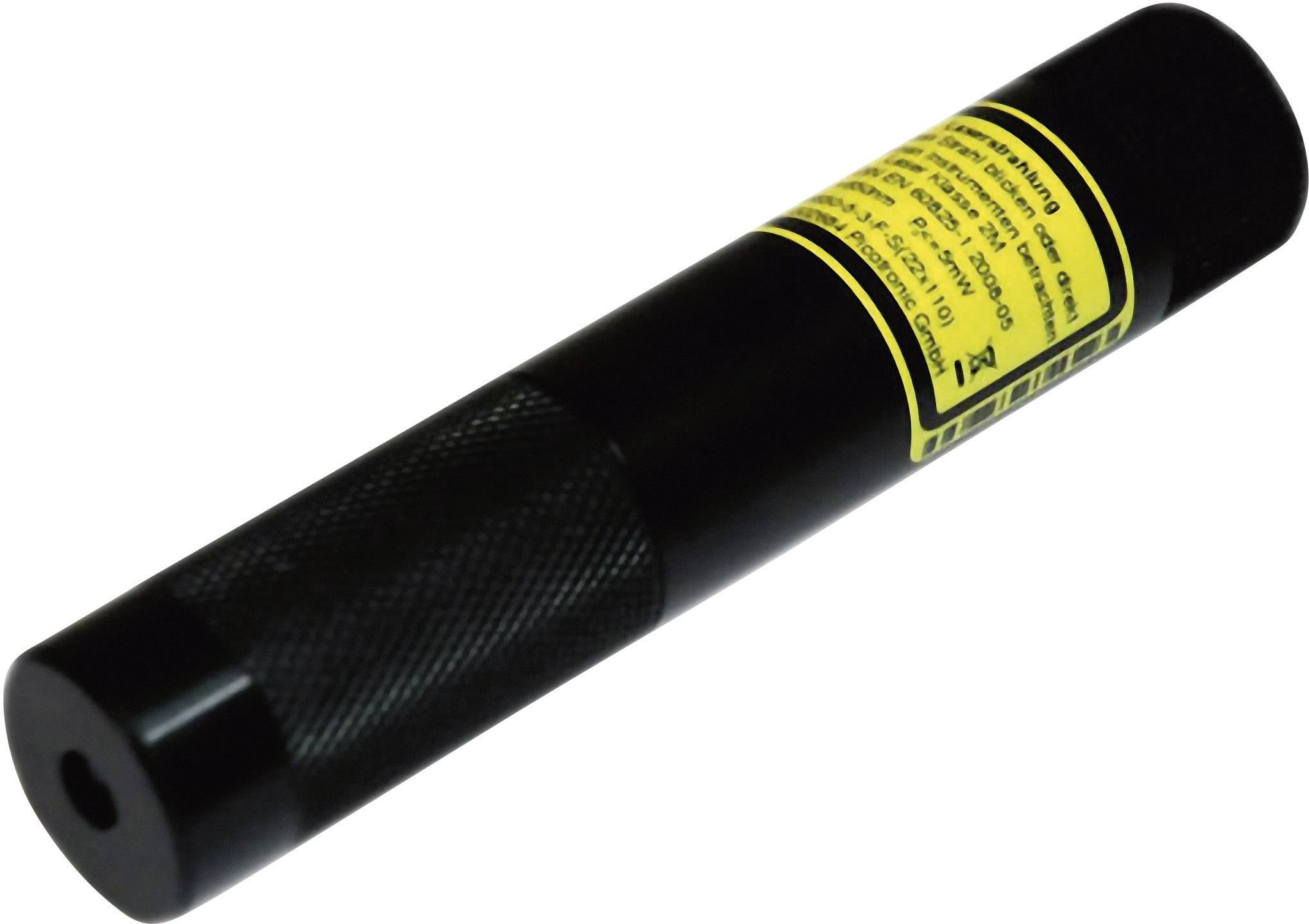 Ein schwarzer Laserpointer mit gelbem Warnaufkleber; zylindrische Form und strukturierte Grifffläche.