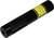 Ein schwarzer Laserpointer mit gelbem Warnaufkleber; zylindrische Form und strukturierte Grifffläche.