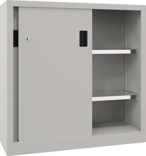 Schiebetürenschrank Höhe 1950 mm Vollblechtüren BxT 1000 x 400 mm mit 4 Fachböden Tür enzianblau. 84930349