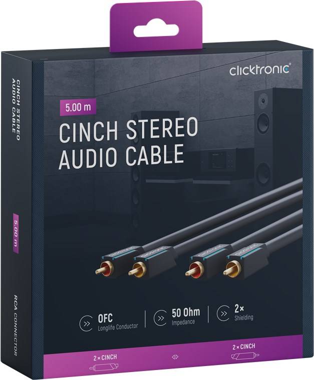 Clicktronic 70381 Cinch Kabel Stereo Audiokabel doppelt geschirmt vergoldete Cinch Stecker Audiokabel Grau 5m-6
