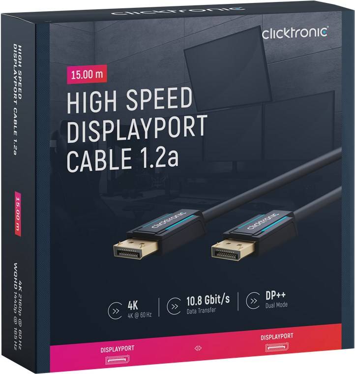 Clicktronic 70716 DisplayPort Kabel 1.2 Monitorkabel 4K @ 60Hz Laptop DP Stecker 10.8 Gbit/s Bildschirmkabel Grau 15m-6