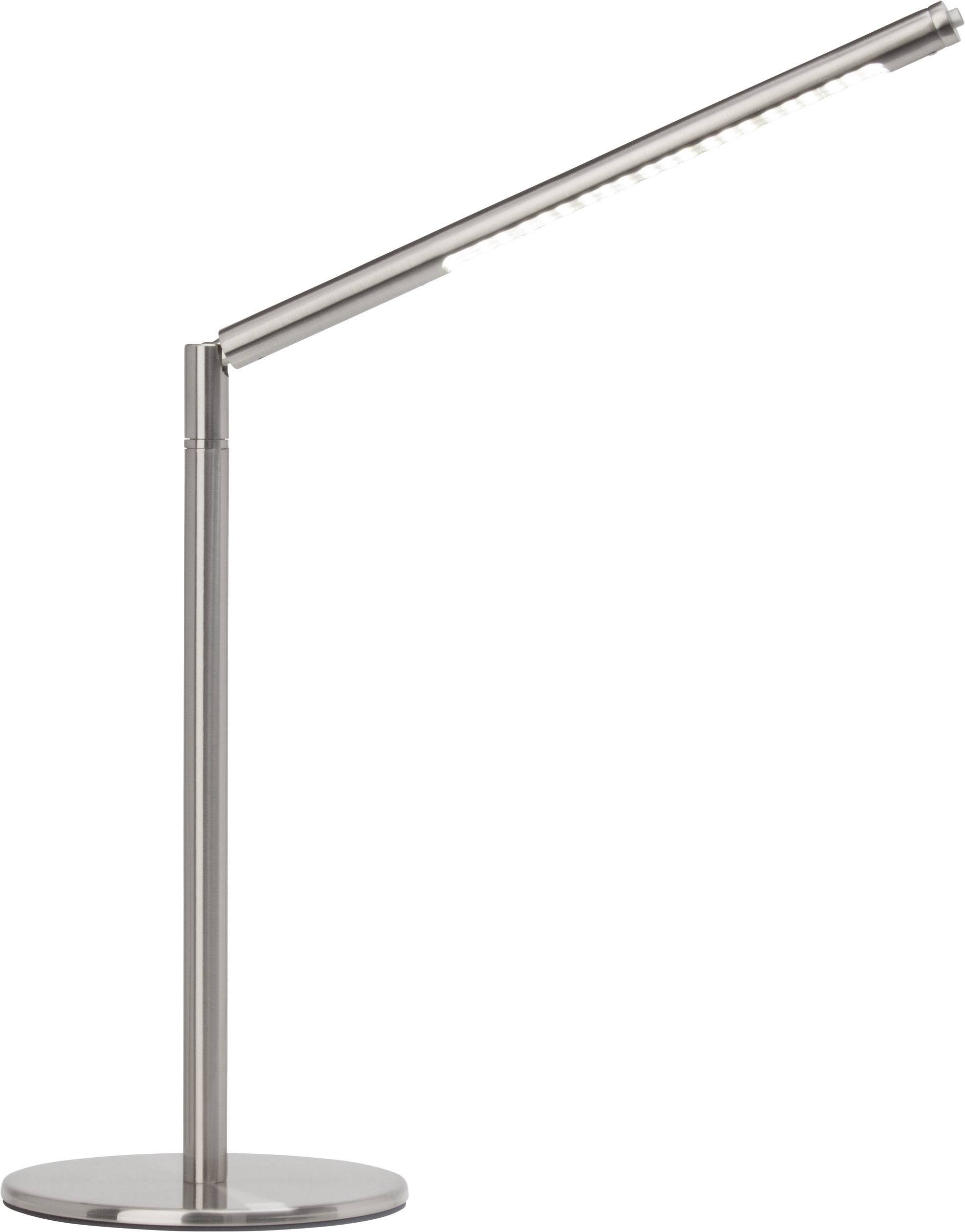 Moderne, schlanke LED-Tischlampe aus Metall mit verstellbarem Arm auf rundem Sockel. Ideal für Schreibtischbeleuchtung.