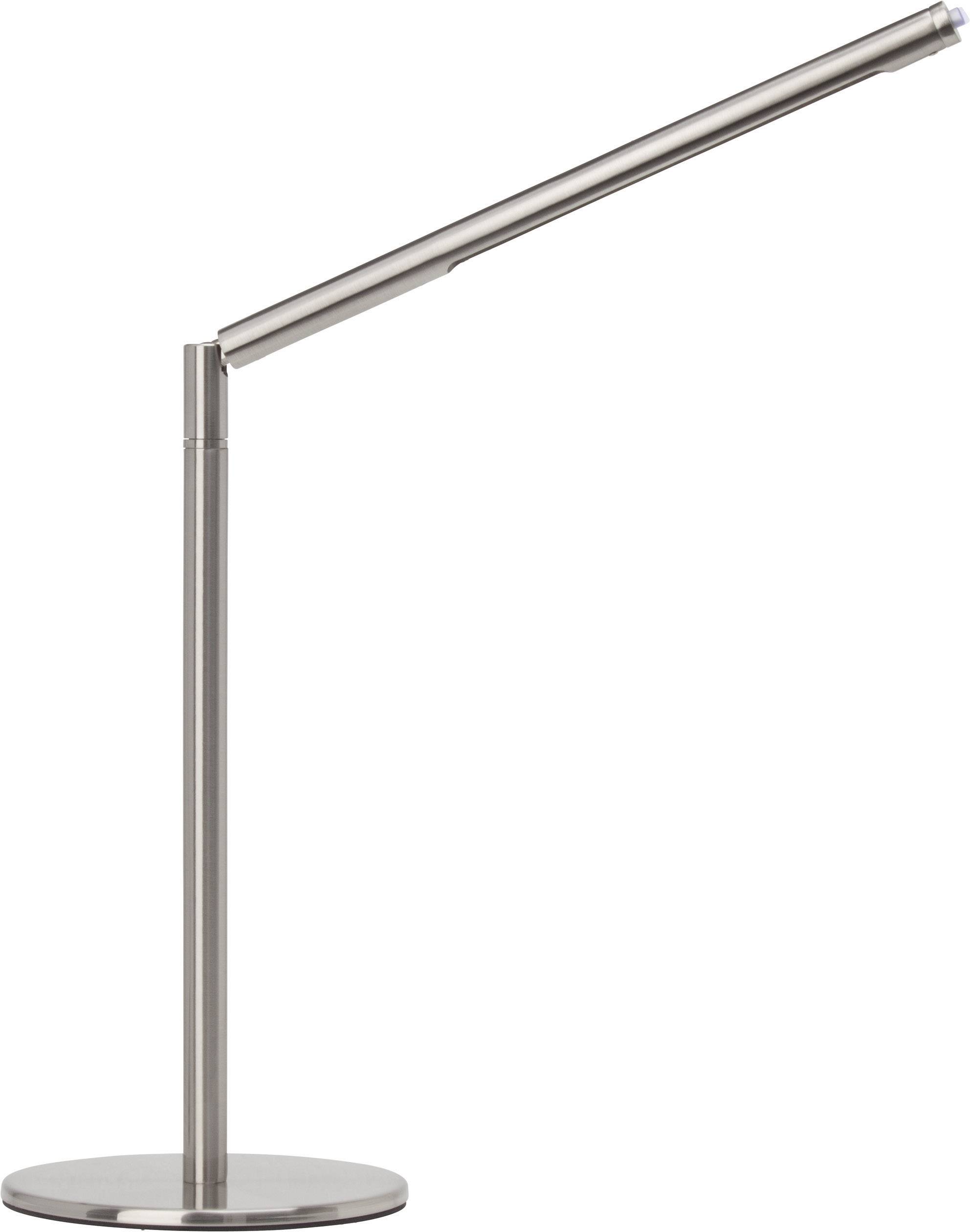 Eine moderne, schlanke Metall-Tischlampe mit einem neigbaren, geraden Arm und rundem Sockel, geeignet für Schreibtischbeleuchtung.