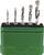 Ein grüner Behälter mit fünf metallischen Bohrbits unterschiedlicher Größe, vertikal aufgestellt.