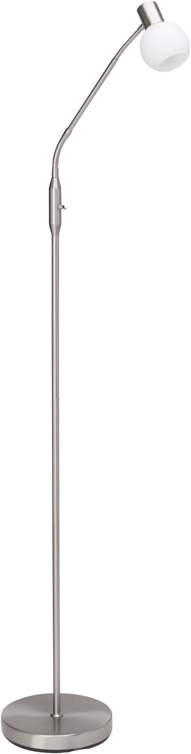 Stehlampe aus Metall mit gebogenem Hals und weißem Lampenschirm.