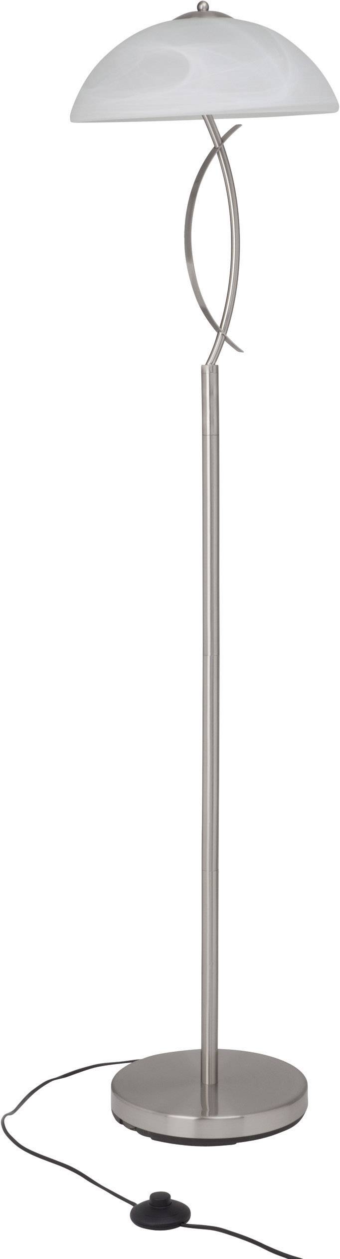 Stehlampe mit gebogenem Metallständer in silbernem Finish, weißem Lampenschirm und schwarzem Kabel mit Schalter auf dem Boden.