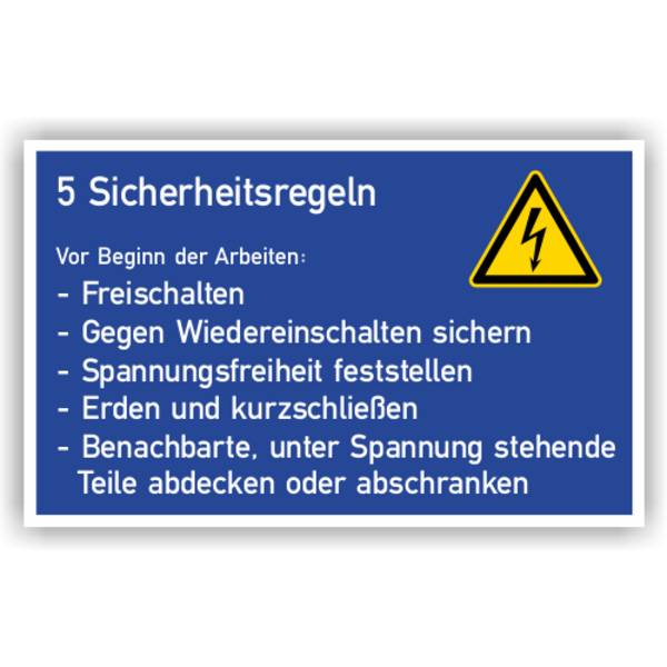 Gebotsschild, 5 Sicherheitsregeln - Elektrische Spannung, Aufkleber, Folie, 200 x 120 mm