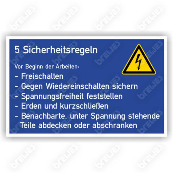 Gebotsschild, 5 Sicherheitsregeln - Elektrische Spannung, Aufkleber, Folie, 105 x 74 mm