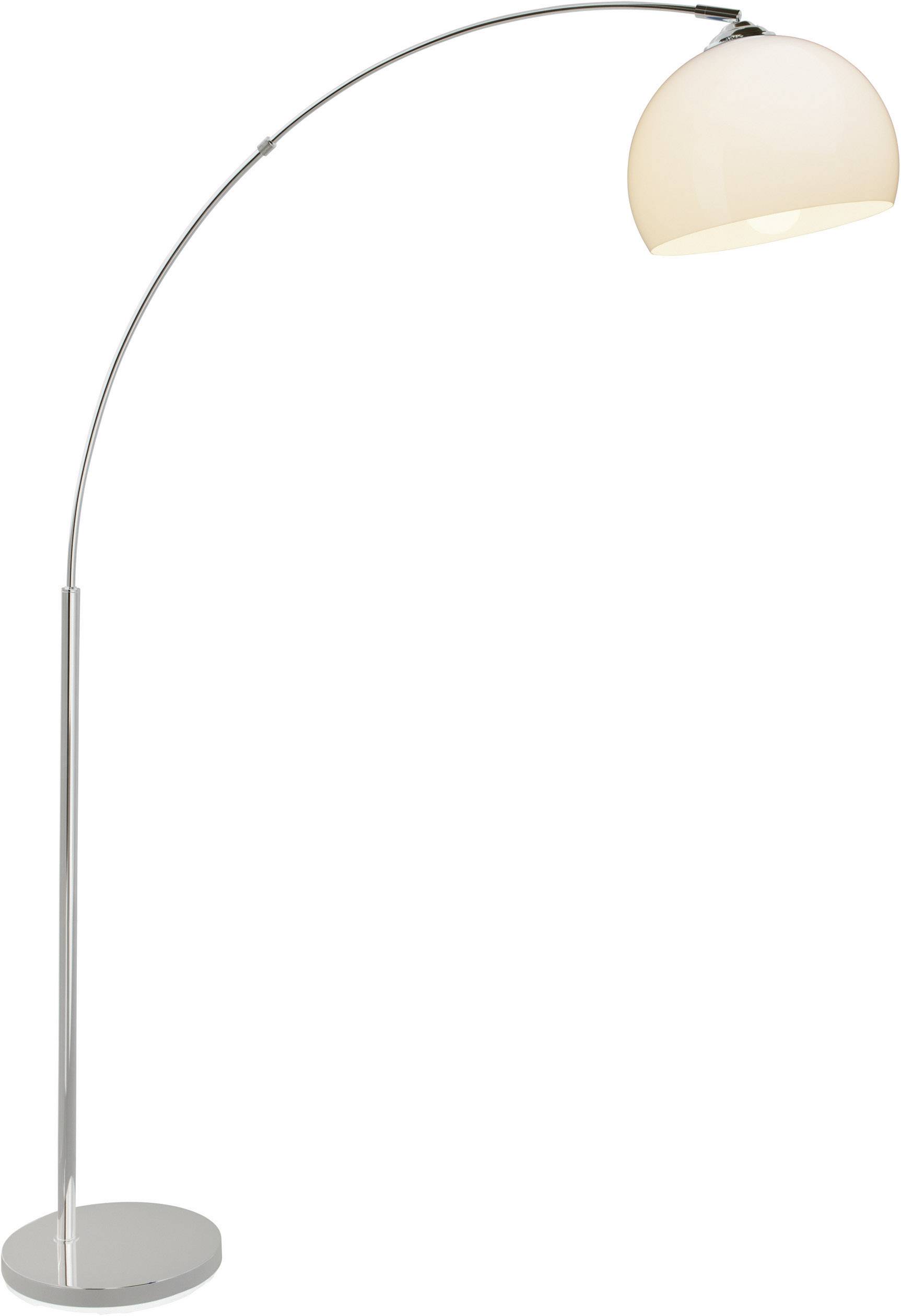 Eine gebogene Stehlampe mit silbernem Gestell und cremefarbenem Schirm, die modern gestaltet ist.