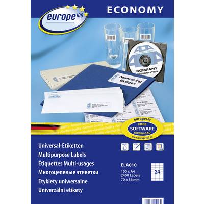 Europe 100 ELA010 Universal-Etiketten 70 x 36 mm Papier Weiß 2400 St. Permanent haftend Tintenstrahldrucker, Laserdrucke