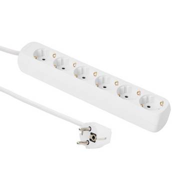 MicroConnect 6-way Schuko power Socket 1.5m without On/Off switch, White with child proof / earth clips, 230V 16A
