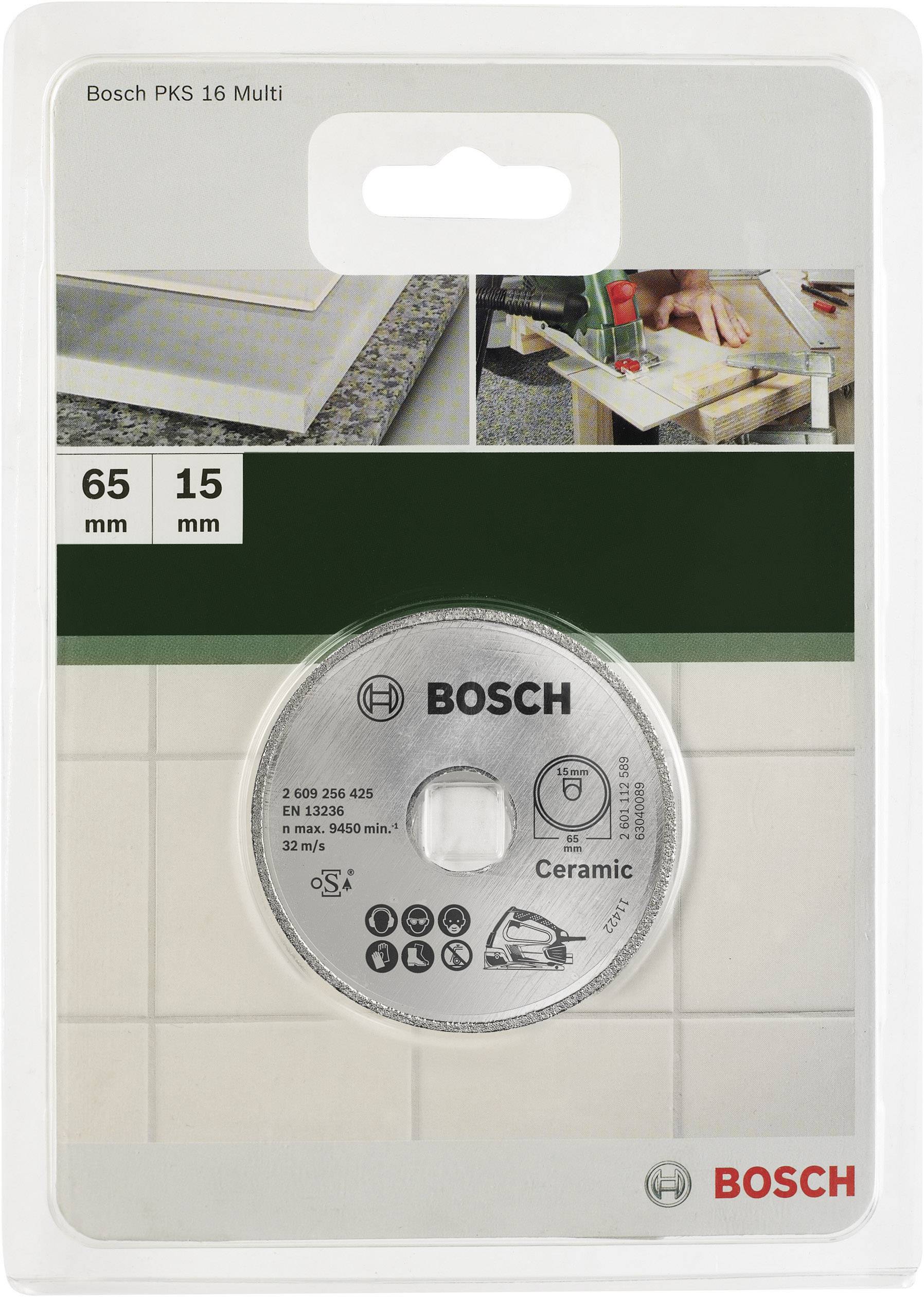 'Bosch PKS 16 Multi' Diamantscheibe, 65 mm Durchmesser. Geeignet für Keramik. Verpackung zeigt Sägeanwendung auf Fliesen.