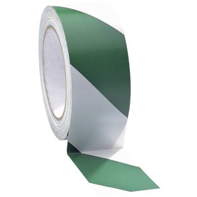 Eine Rolle Klebeband mit grün-weißen diagonalen Streifen, die teilweise abgerollt ist.