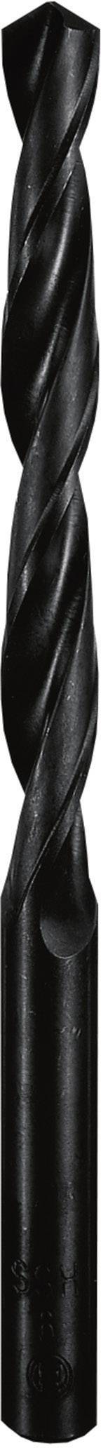 Ein schwarzer Spiralbohrer mit zwei scharfen Schneidkanten, geeignet zum Bohren von Metall oder Holz, in vertikaler Ausrichtung.