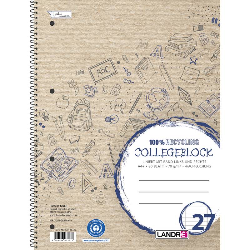 LANDRÉ - Collegeblock Recycling DIN A4 liniert