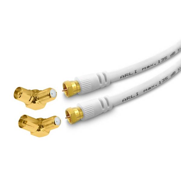 20m ARLI TV Winkel Antennenkabel weiß vergoldete F-Stecker & IEC Winkeladapter