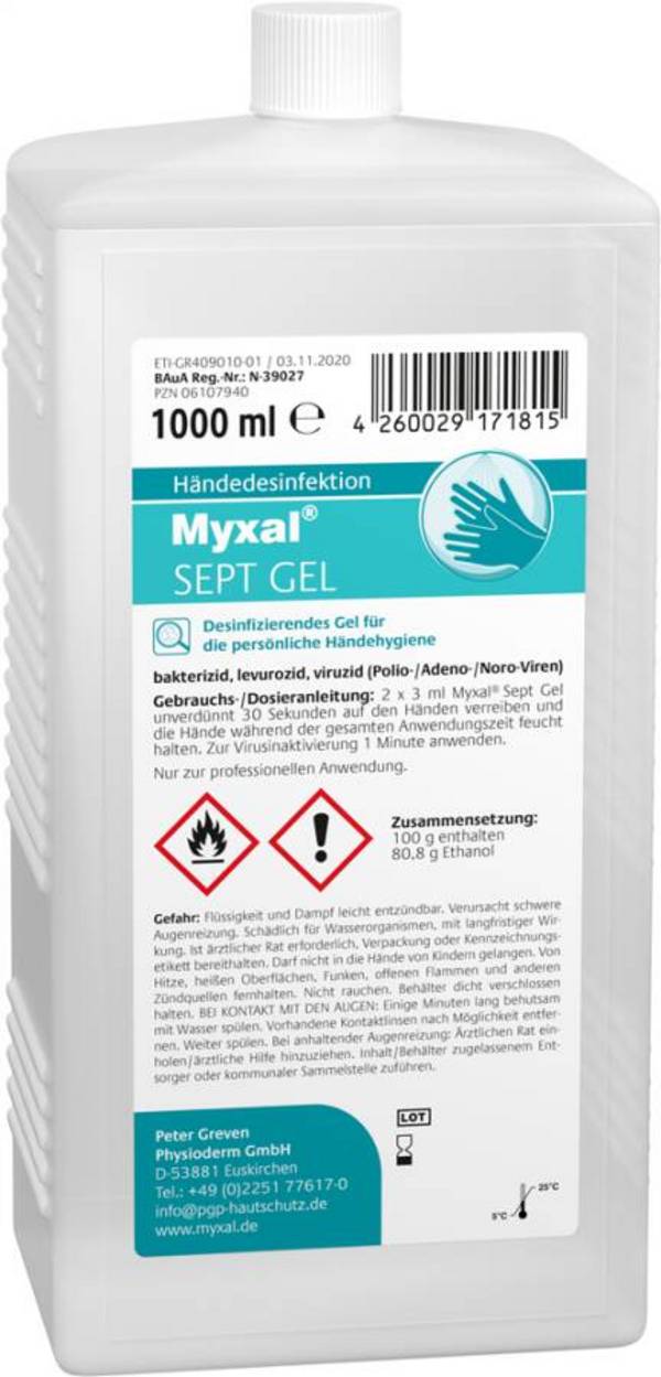 Desinfektionsmittel MYXAL® SEPT Gel 13743-003 Inhalt 1 l Ausführung unparfümiert Gebinde Hartflasche geeignet für Spende