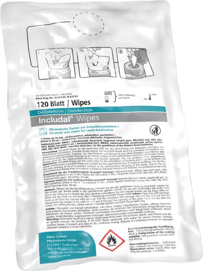 Desinfektionstücher INCLUDAL® WIPES 13887-001 Inhalt 120 Blatt Ausführung unparfümiert Gebinde Nachfüller á 120 Tücher-0