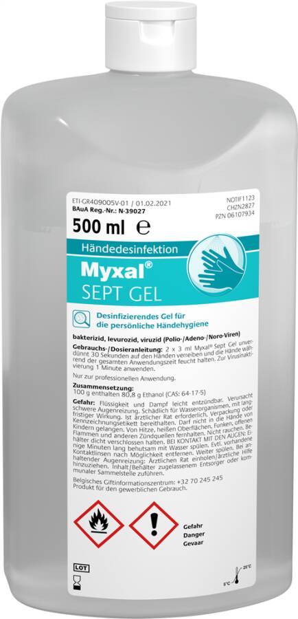 Desinfektionsmittel MYXAL® SEPT Gel 13743-002 Inhalt 500 ml Ausführung unparfümiert Gebinde Flasche geeignet für Spender-0