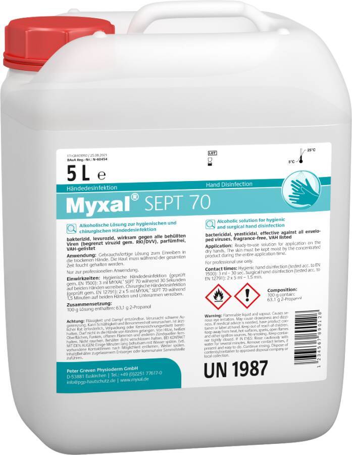 Desinfektion MYXAL® SEPT 70 14021-006 Inhalt 5 l Ausführung unparfümiert Gebinde Kanister geeignet für Spender --0