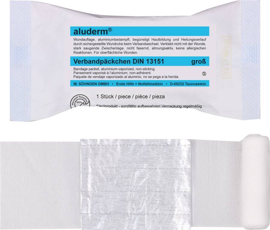 Verbandpäckchen aluderm® DIN 1003373 Ausführung groß Binde ca. 4 m (ged.) x 10 cm Kompresse ca. 10 x 12 cm