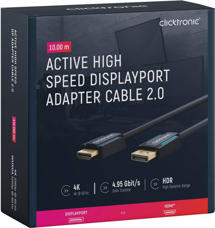 Clicktronic 44927 Aktives DisplayPort auf HDMI Adapterkabel 4K @ 60 Hz Monitorkabel DP Stecker Bildschirmkabel Grau 10m-9