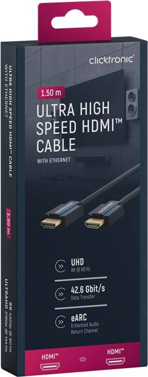 Clicktronic 40989 Ultra High Speed HDMI Kabel 8K @ 60 Hz Monitorkabel UHD Fernsehkabel PS5 geschirmt 48 Gbit/s Grau 1,5m-10