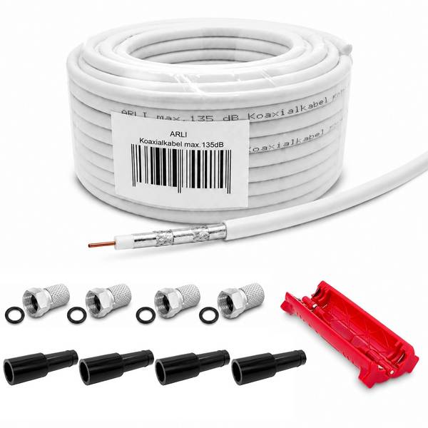 50m Koaxialkabel – max. 135 dB 5-fach geschirmt UV-beständig + 4x F-Stecker & 4x Gummitüllen & Abisoliermesser