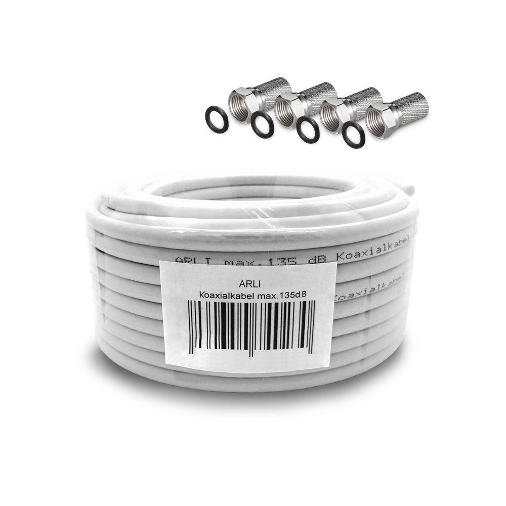 20m Koaxialkabel – max. 135 dB 5-fach geschirmt UV-beständig + 4x F-Stecker mit breiter Mutter & Dichtring-0