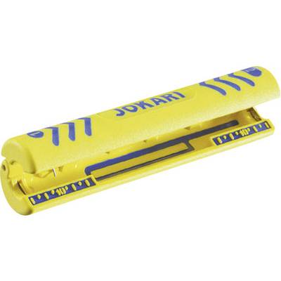 Ein gelbes Plastikwerkzeug mit blauen Markierungen, das zum Öffnen von Verpackungen verwendet wird.