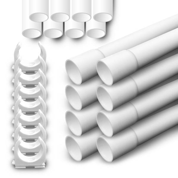 Installationsrohr M20 gemufft 24m + 50 Klemmschellen – Kabelrohr starr 20mm PVC für Aufputzinstallation Weiß