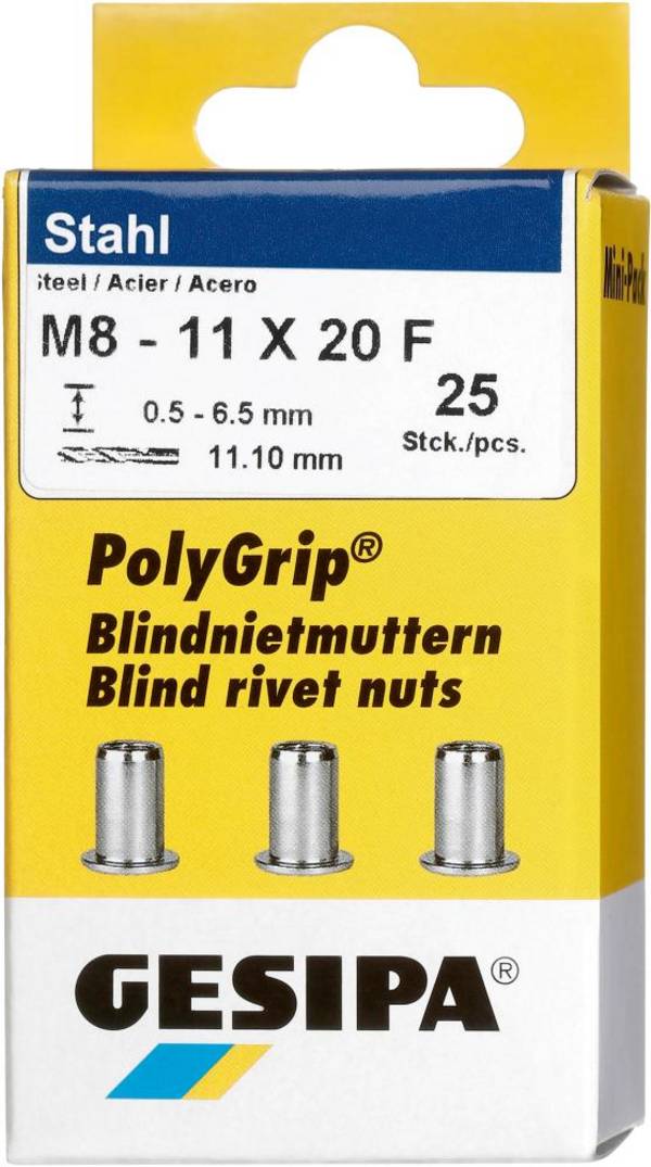 Gesipa 1464915 Blindnietmutter (Ø x L) 11 mm x 20 mm M8 Stahl Stahl Stahl PolyGrip® 25 St.